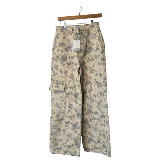 Ganni NEW Tofu Print Denim Angie Ivory Floral Wide Leg Cargo Denim Pant Size 30 - Picture 4 of 10